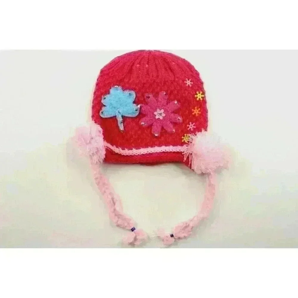 HAND knitted girl hat with knitted applique with beads for 3-6 year old. NEW.